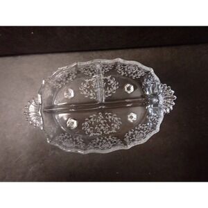 Vintage Fostoria Clear Navarre‎ Etched Footed Baroque Glass Divided Relish Dish